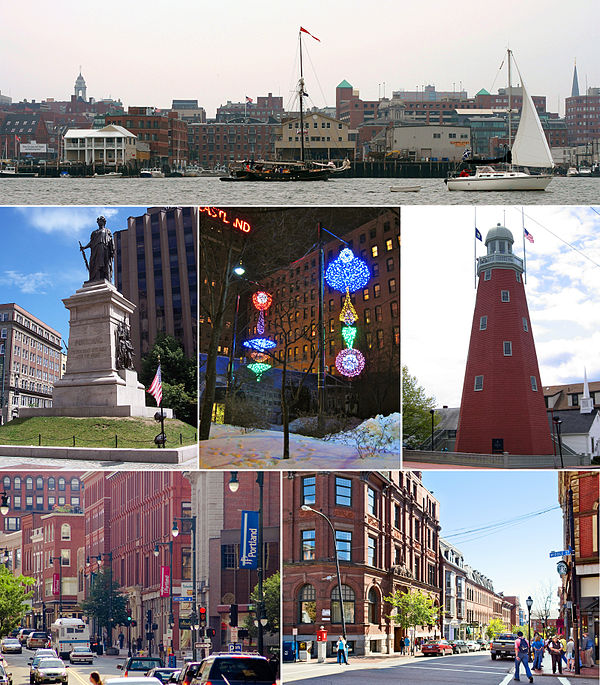 Clockwise: Portland waterfront, the Portland Observatory on Munjoy Hill, the corner of Middle and Exchange Street in the Old Port, Congress Street, the Civil War Memorial in Monument Square, and winter light sculptures in Congress Square Plaza.