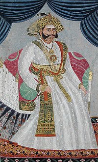 Portrait of Sarabhoji, raja of Tanjore, seated on his throne against a bolster (6124603661).jpg