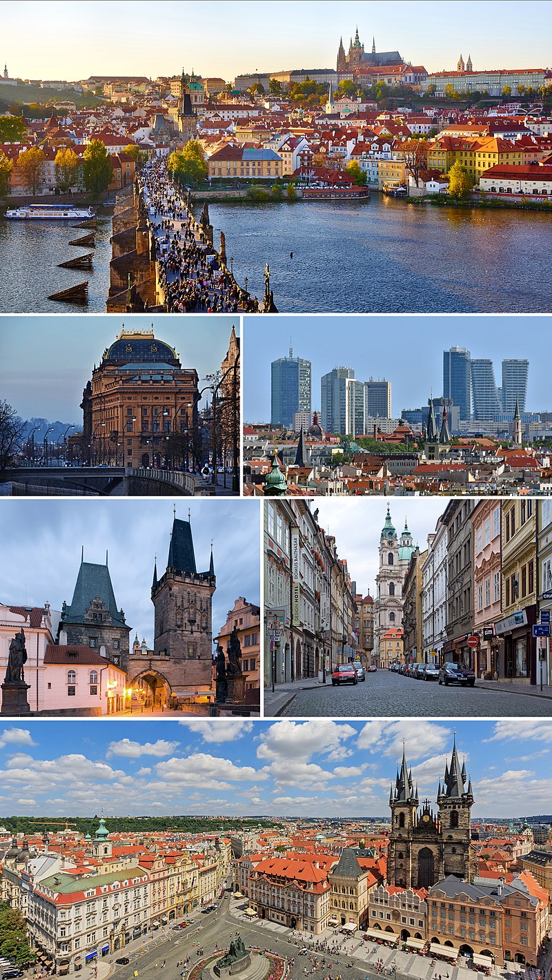 Clockwise from top: panorama with Prague Castle, Malá Strana and Charles Bridge; Pankrác district with high-rise buildings; street view in Malá Strana; Old Town Square panorama; gatehouse tower of the Charles Bridge; National Theatre