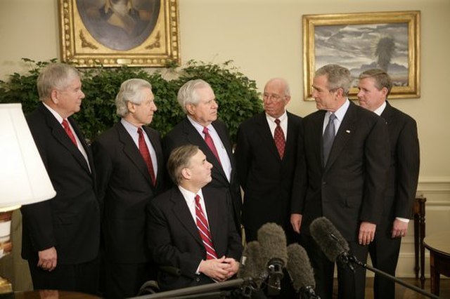 Greg Abbott talks about the Harriet Miers nomination with President George W. Bush and former Texas Supreme Court Justices in 2005. From left: Eugene 