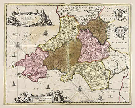 17-18th century map of South Wales with Monmouthshire considered in this map to be part of England.