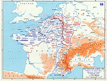 Carte de l'Europe de l'Ouest montrant la libération de la Bretagne, de la Normandie et du centre de la France le 26 août (jusqu'à Paris) ; les troupes avancent ensuite vers la Belgique, les Pays-Bas et l'Allemagne.