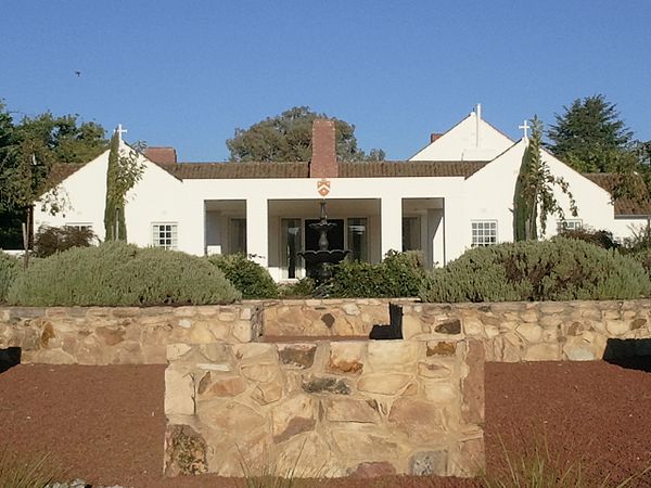 Official residence of the Archbishop. Plinth of Foundation Stone in foreground.