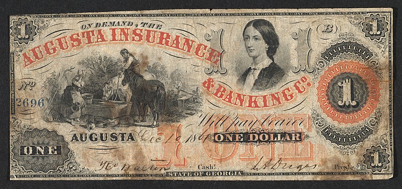 File:Recto Augusta Insurance and Banking Co. (Georgia) 1 dollar 1861 urn-3 HBS.Baker.AC 1141675.jpeg