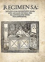 First edition title page (1480). The title reads: Regimen sanitatis cum expositione magistri Arnaldi de Villanova Cathellano noviter impressus. Venetiis: impressum per Bernardinum Venetum de Vitalibus, 1480. Regimen Sanitatis Salernitanum.jpg