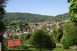 Blick auf Reichenbach und den Felsberg mit dem Naturschutzgebiet Felsberg bei Reichenbach