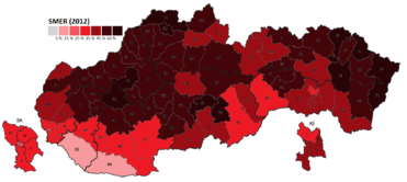 Mapa podielu hlasov pre SMER-SD v okresoch Slovenska