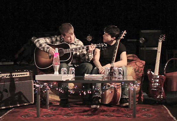 Matthew Billy and Richard Barone on the set of the "Hey, Can I Sleep On Your Futon?" video in April 2012.