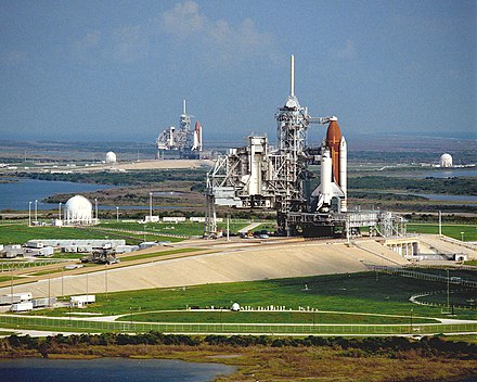 Columbia on Pad 39A with Discovery on Pad 39B in the distance.