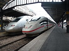 TGV POS 4406 and an ICE 3M at Paris-Est station. SNCF TGV POS 4406 DB ICE 3M.jpg