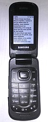 The Samsung C414 is a basic flip feature phone available to grandfathered Solo Mobile customers. Samsung C414.jpg