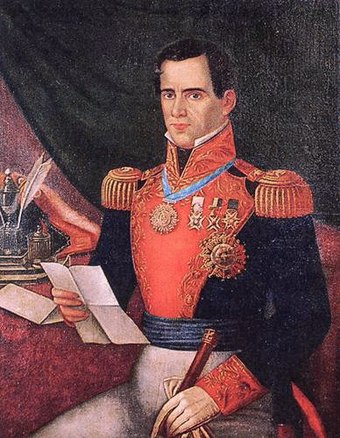 Military dictator Antonio López de Santa Anna wearing a Mexican military uniform[48]