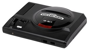 An edition of the original model of the Sega Genesis. It is a black system that resembles an audio player, with a slot on top to insert game cartridges.