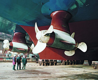 Azimuth thruster pod underneath a ship, instead of a propeller and rudder