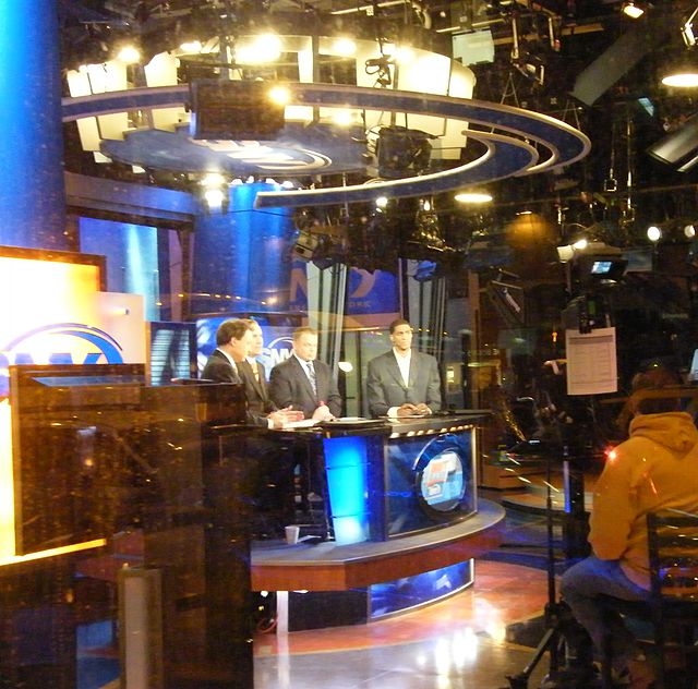 Broadcast as seen through the window of SNY's street-level studio in the Time-Life Building.