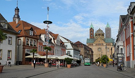Main street in Speyer with the Speyer Cathedral in the background