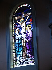 St Patrick's Basilica, South Dunedin, Stained glass window representation of the fifth sorrowful mystery of the Rosary, The Crucifixion St Patrick's Basilica, Dunedin, NZ window.JPG