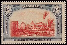 Марка 1921 Ямайка 6d отмена рабства unissued.jpg