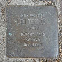 Stolperstein for Rudi Terhoch in Velen-Ramsdorf, a Jewish survivor in Canada Stolperstein Rudi Terhoch Velen-Ramsdorf.jpg