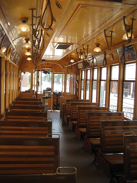 Interior of a Tampa replica Birney, built in 2000. The seat backs are reversible.