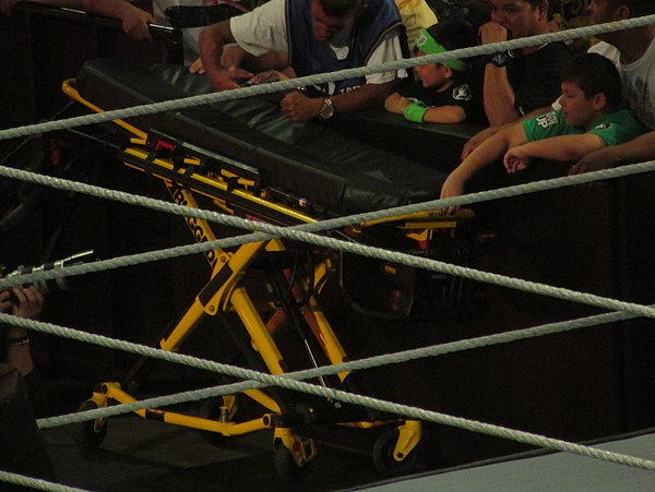 A stretcher at ringside prior to a stretcher match