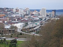 Tacoma--seat of Pierce County Tacoma skyline and I-705 from the East 34th Street Bridge.jpg