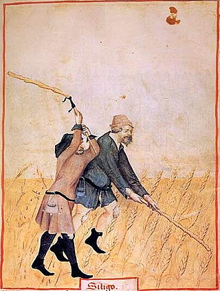 Peasants threshing siligo, a type of wheat. Tacuinum Sanitatis, 15th century.