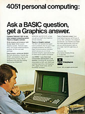 The Tektronix 4051 graphics computing system used a 6800 microprocessor. Tektronix 4051 ad April 1976.jpg