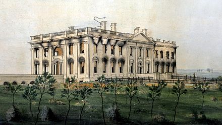 The White House ruins after the conflagration of August 24, 1814. Watercolor by George Munger, displayed at the White House.