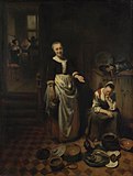 『怠ける家政婦』, ニコラース・マース, マースは家政婦や召使をめぐるトラブルをモチーフにした絵画をいくつか描いている[38]