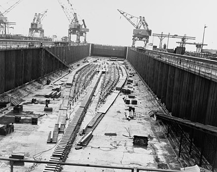 USS United States, pictured in drydock with her keel laid. The cancellation of United States and her sister ships was a major factor in the "Revolt of the Admirals"