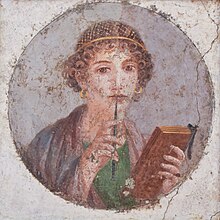 Portrait emphasizing the female subject's literacy, from Pompeii, mid-1st century AD The so-called Sappho portrait, Pompeii (AD 45-79).jpg