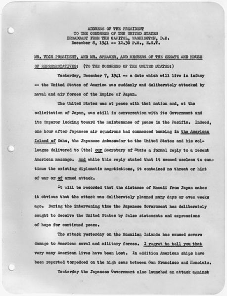 File:Transcript of Message to Congress Requesting Declaration of War Against Japan, 12-08-1941 (page 1 of 3) (5238211636).jpg