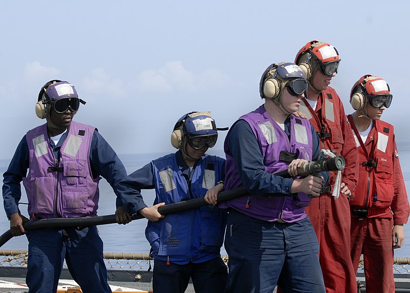 File:US Navy 100215-N-2000D-089 Sailors man an aqueous film forming foam hose during a crash and salvage drill aboard the amphibious dock landing ship USS Carter Hall (LSD 50).jpg