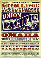 Poster for the Union Pacific Railroad's opening-day, 1869. Union pacific poster.jpg
