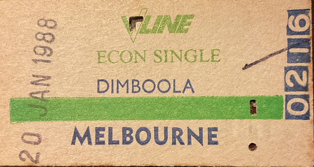 Dimboola-Melbourne rail ticket 1988