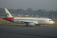 An Air Deccan Airbus A320 with NDTV advertising