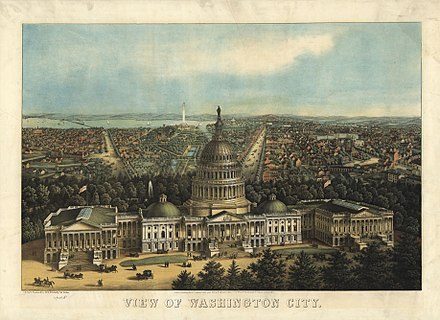 Low-angle bird's-eye view of central Washington toward the west and northwest with The Capitol in foreground. The Canal is visible running along the mall.