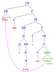 This example shows the movement of "WH" DP [who] from the complement position of the verb to the specifier position of CP. WH-trace.png