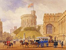 Charabanc (presented by Louis Philippe of France to Queen Victoria) at Windsor Castle in 1844 Windsor1844Louis-PhilippeMarie-AmelieRoyalPartyCharabancJosephNash edited.jpg