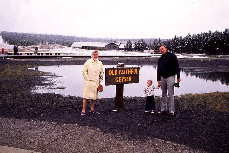 File:Wyoming - Yellowstone National Park - Old Faithful Geyser - John, Jessica & my mother - June 1975 (8052698157).jpg