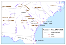 The Yamasee War, 1715-1717, left a legacy of fear among South Carolinians over the colony's defense. YamaseeWarMap01.png