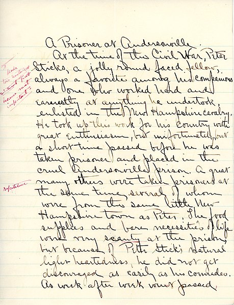 File:"A Prisoner at Andersonville" essay for English V by Sarah (Sallie) M. Field, Abbot Academy, class of 1904 - DPLA - bbaa3da72e5f15c3603f662a34762215 (page 1).jpg