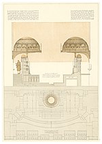 Thumbnail for File:12 Otto Wagner-Kirche - Baumgartnerhöhe - Wagner Band 5. 6. und 7. Heft - Hochaltar mit Baldachin, Seitenansicht und Schnitt, Rasterdruck.jpg