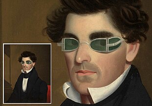 1837 USA, Nathaniel Olds mit einer Doppelbrille als Öllampen Lichtschutz Brille.