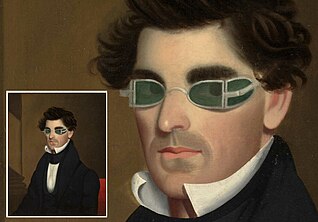 1837 USA, Nathaniel Olds mit einer Doppelbrille als Öllampen Lichtschutz Brille. Jeptha Homer Wade (1811–1890)