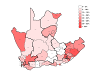 The percentage of non-white voters by electoral district in the Cape Colony in 1908 on the eve of Union. 1908 Cape Colony - non-whites as a %25 of voters.svg