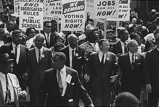 Leaders of the March on Washington for Jobs and Freedom marching from the Washington Monument to the Lincoln Memorial, August 28, 1963.