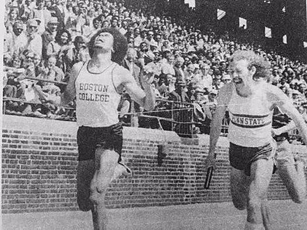 Keith Francis anchors Boston College to win the 1975 Penn Relays Sprint Medley Relay Championship in front of over 40,000 fans at Franklin Field