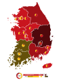 2012年大韓民國總統選舉結果，紅色代表朴槿惠得票較多，黃色代表文在寅得票較多。文在寅僅獲首爾及全羅道支持，朴槿惠在其餘地區勝出結果成功當選。